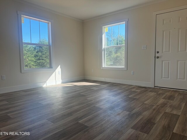 empty room with dark wood-type flooring and ornamental molding