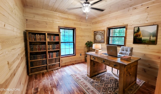 home office featuring wood-type flooring, ceiling fan, wooden ceiling, and wood walls