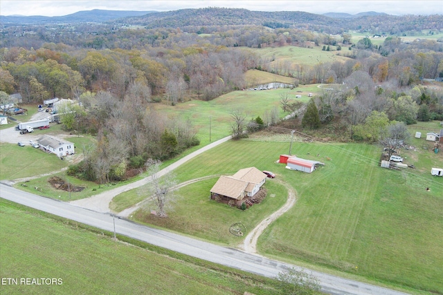 drone / aerial view with a mountain view and a rural view