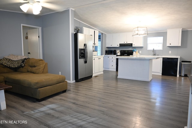 593 Cane Creek Mountain Rd, Tellico Plains, TN 37385 - kitchen featuring black appliances, open floor plan, white cabinets, light countertops, and a sink