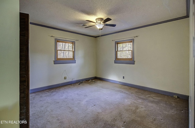 carpeted empty room featuring plenty of natural light, a textured ceiling, and ornamental molding