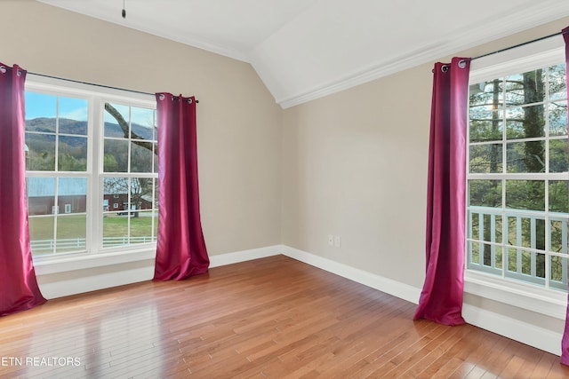 unfurnished room with a mountain view, wood-type flooring, ornamental molding, and vaulted ceiling