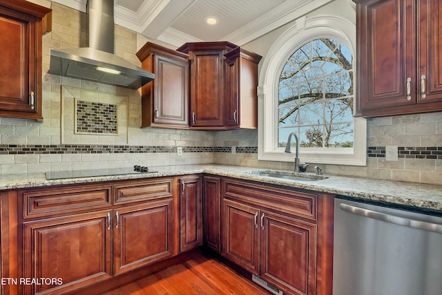 kitchen featuring light stone counters, wall chimney exhaust hood, crown molding, sink, and dishwasher