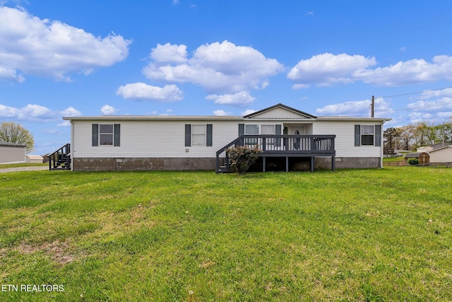 view of front of house featuring crawl space, a deck, stairway, and a front yard