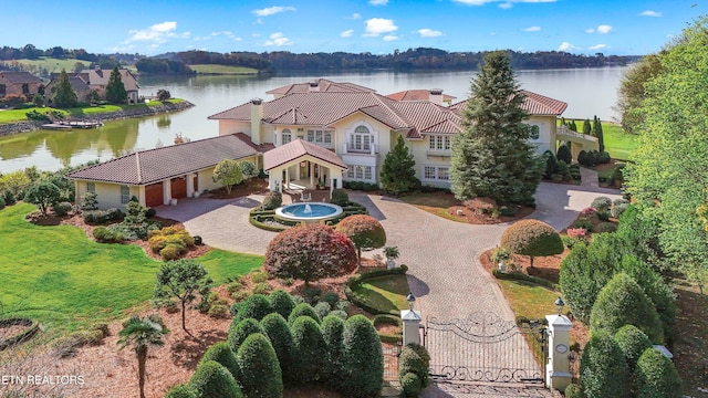 aerial view featuring a water view