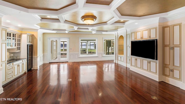 unfurnished living room featuring ornamental molding, coffered ceiling, dark wood-type flooring, sink, and beamed ceiling