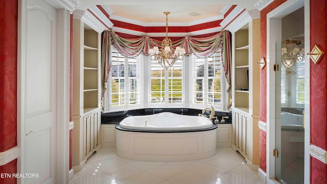 bathroom featuring plus walk in shower, tile patterned floors, a healthy amount of sunlight, and a notable chandelier