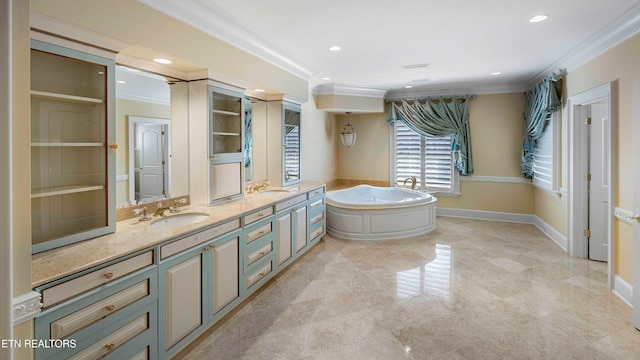 bathroom featuring a tub to relax in, crown molding, and vanity