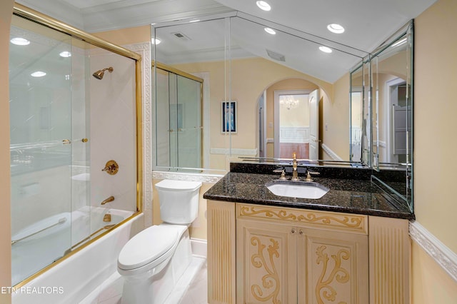 full bathroom featuring enclosed tub / shower combo, crown molding, vaulted ceiling, toilet, and vanity