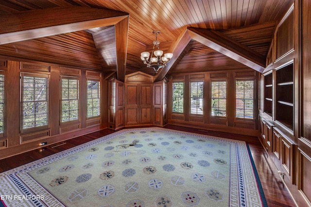 unfurnished sunroom featuring a healthy amount of sunlight, lofted ceiling with beams, wooden ceiling, and a notable chandelier