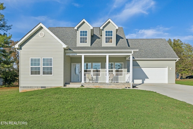 cape cod house featuring a porch, a garage, and a front lawn