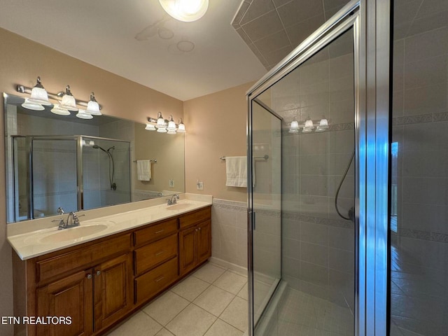 bathroom featuring tile patterned floors, vanity, and an enclosed shower