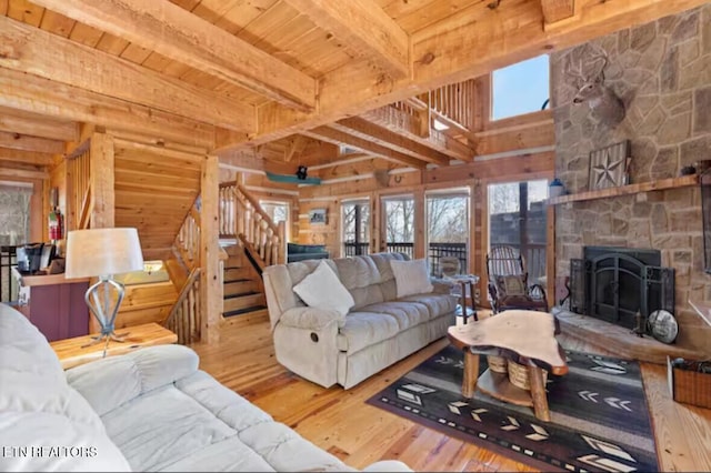 living room with wood ceiling, a fireplace, beamed ceiling, and wood-type flooring