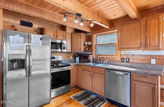 kitchen featuring sink, beamed ceiling, wood ceiling, and appliances with stainless steel finishes