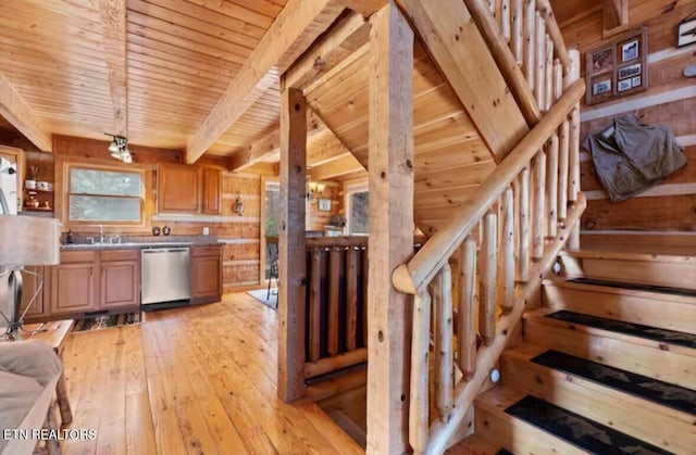 kitchen with light wood-type flooring, stainless steel dishwasher, wood ceiling, wooden walls, and beam ceiling