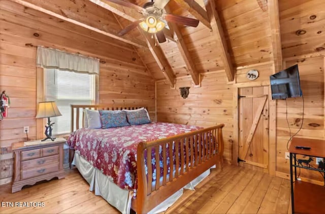 bedroom featuring ceiling fan, vaulted ceiling with beams, light hardwood / wood-style floors, wooden walls, and wood ceiling