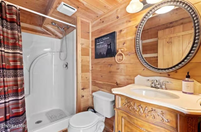 bathroom featuring vanity, curtained shower, wooden ceiling, and wooden walls