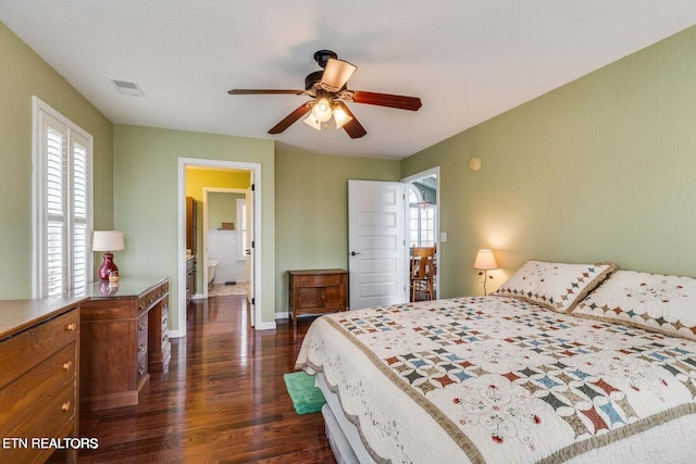 bedroom featuring dark hardwood / wood-style floors and ceiling fan