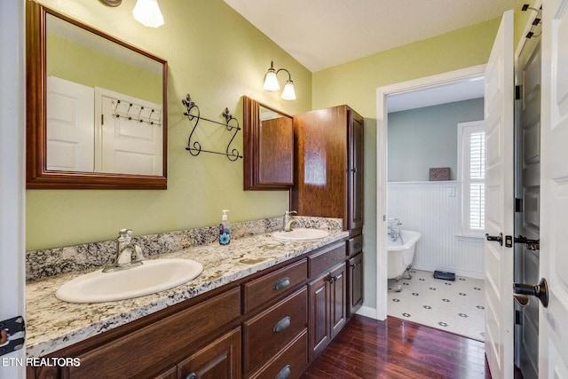 bathroom featuring a washtub, hardwood / wood-style floors, and vanity