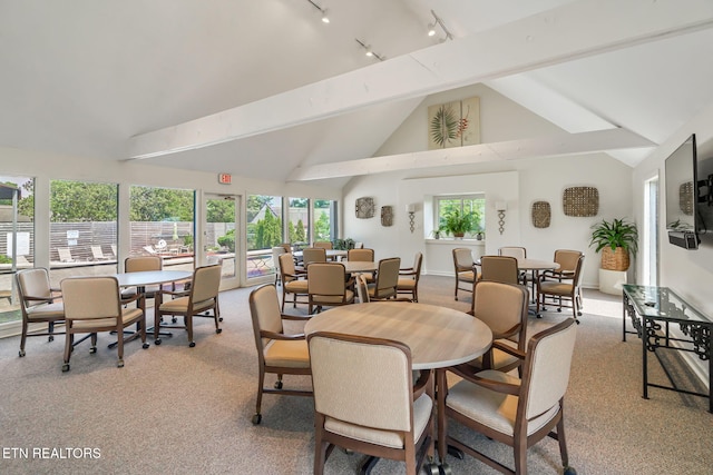 dining room featuring beam ceiling, light carpet, rail lighting, and high vaulted ceiling