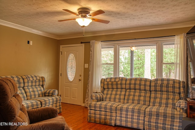 living room featuring crown molding, hardwood / wood-style floors, ceiling fan, and a textured ceiling