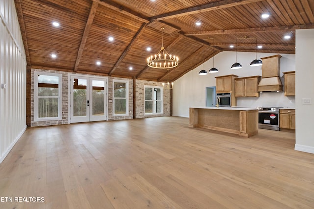 unfurnished living room with a notable chandelier, light hardwood / wood-style floors, wooden ceiling, and high vaulted ceiling