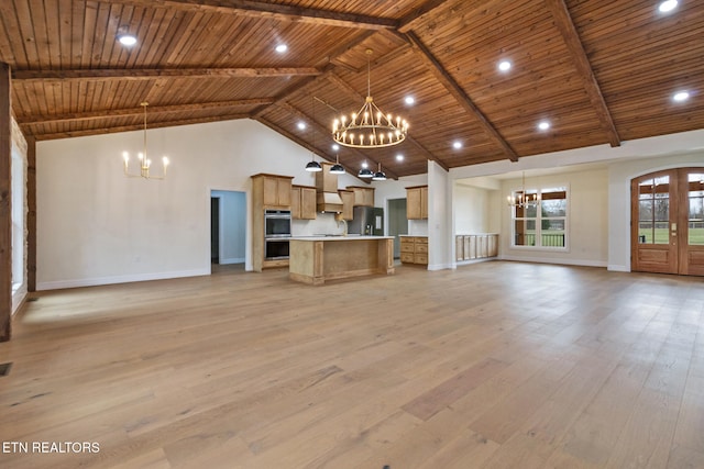 unfurnished living room featuring wooden ceiling, high vaulted ceiling, french doors, light hardwood / wood-style flooring, and beam ceiling