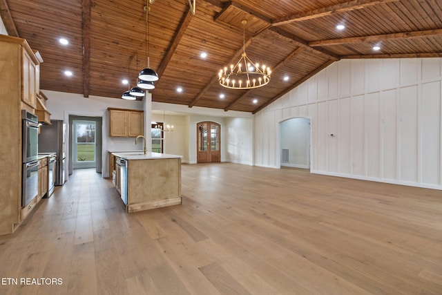 kitchen with pendant lighting, light hardwood / wood-style floors, and wood ceiling