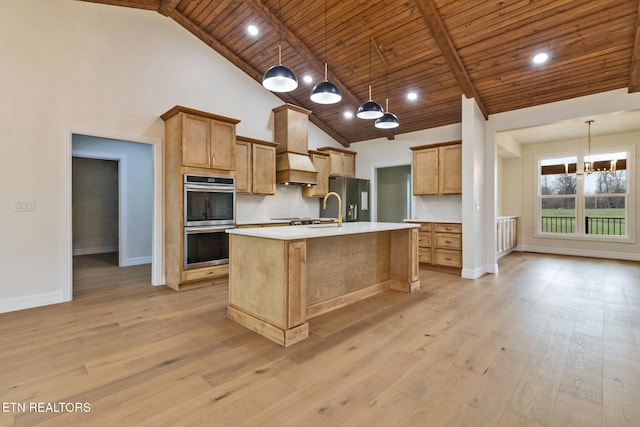 kitchen featuring appliances with stainless steel finishes, wood ceiling, custom exhaust hood, decorative light fixtures, and light hardwood / wood-style flooring