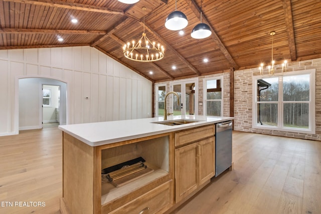 kitchen with a center island with sink, pendant lighting, wood ceiling, and sink