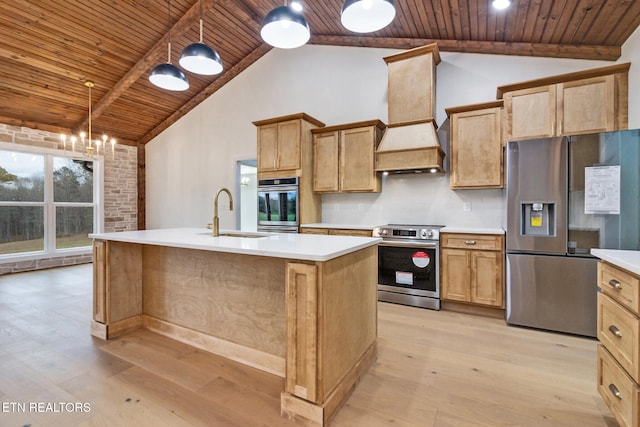 kitchen featuring wood ceiling, stainless steel appliances, sink, pendant lighting, and light hardwood / wood-style floors