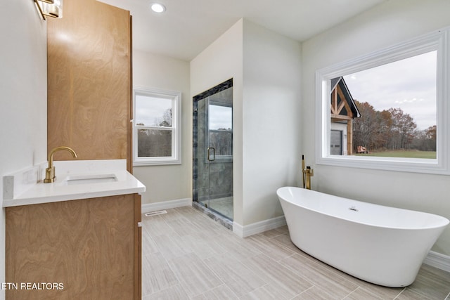 bathroom featuring plenty of natural light, vanity, and shower with separate bathtub