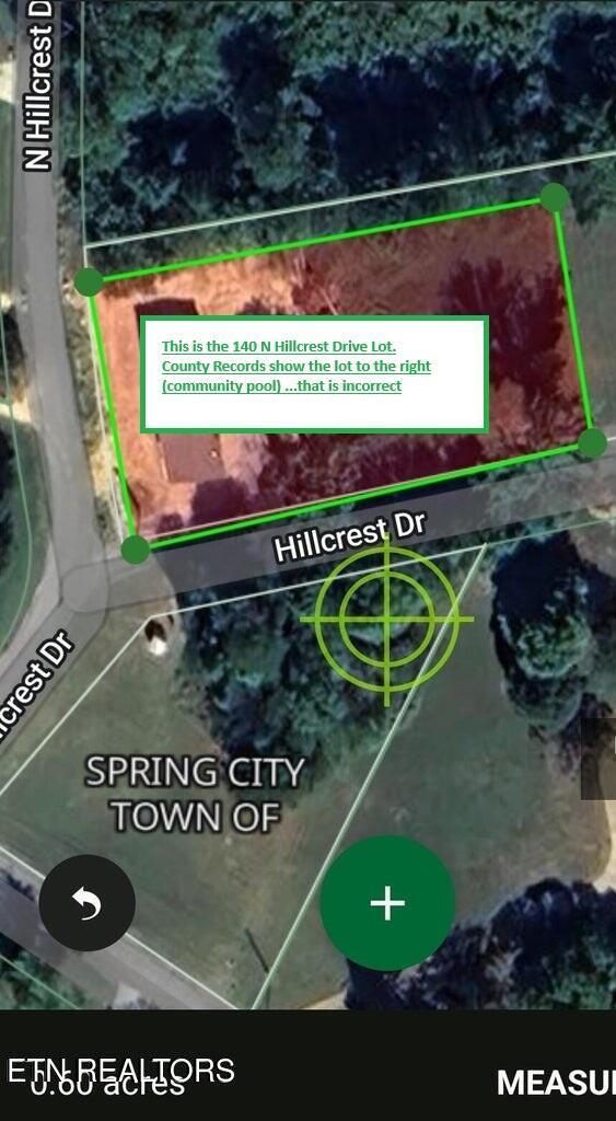140 N Hillcrest Dr, Spring City, TN 37381 - aerial map of property and surrounding area featuring property boundaries highlighted