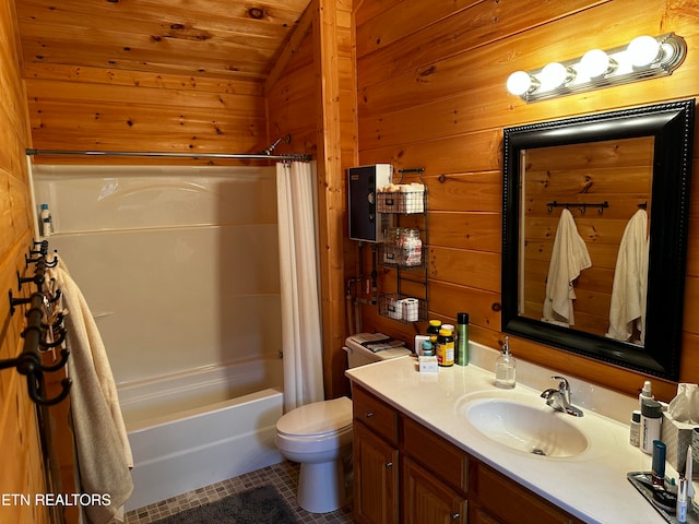 full bathroom with tile patterned floors, lofted ceiling, toilet, wood ceiling, and shower / tub combo