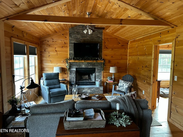 living room featuring wooden walls, hardwood / wood-style floors, lofted ceiling with beams, and wooden ceiling