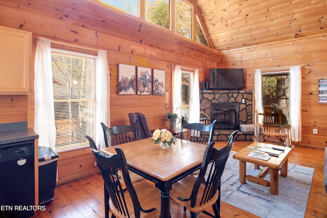 dining room with wood walls, wooden ceiling, high vaulted ceiling, a fireplace, and light hardwood / wood-style floors