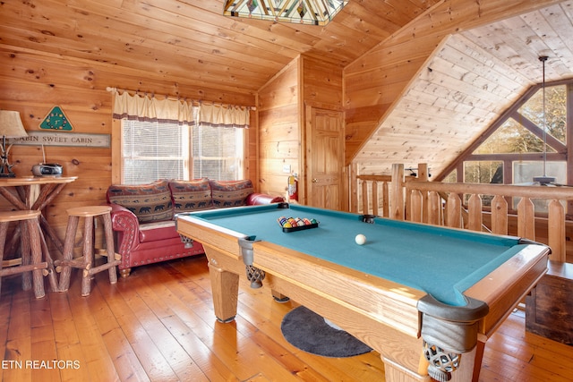 rec room with wooden ceiling, billiards, wooden walls, and vaulted ceiling