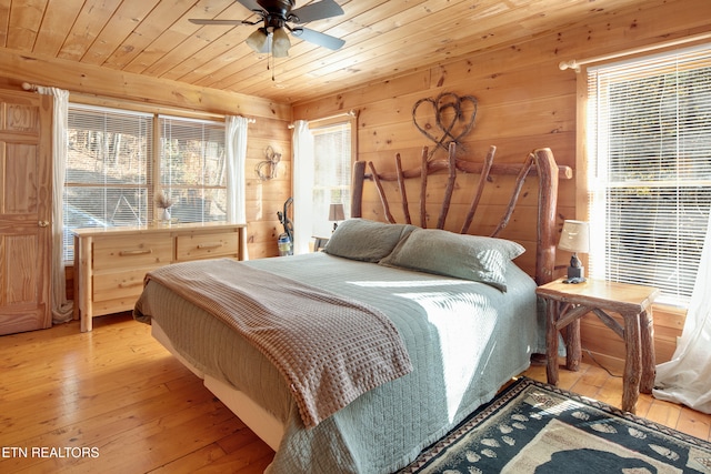 bedroom featuring light wood-type flooring, wooden ceiling, ceiling fan, and wooden walls