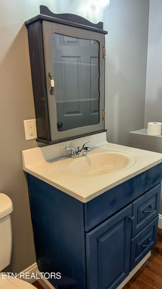 bathroom featuring vanity, toilet, and wood-type flooring