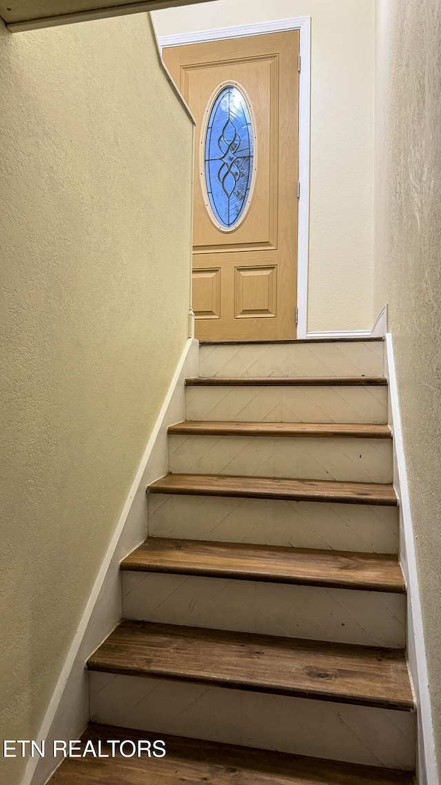 stairway with hardwood / wood-style floors