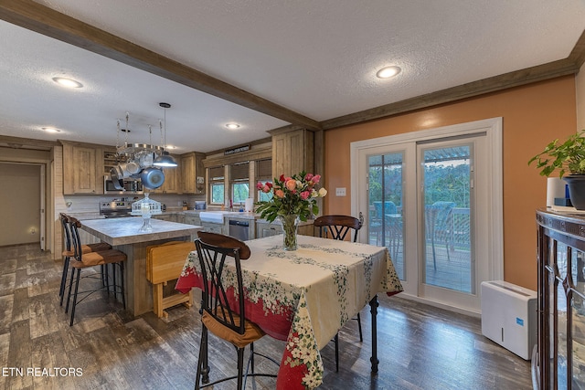 dining area featuring beamed ceiling, dark hardwood / wood-style floors, and a textured ceiling