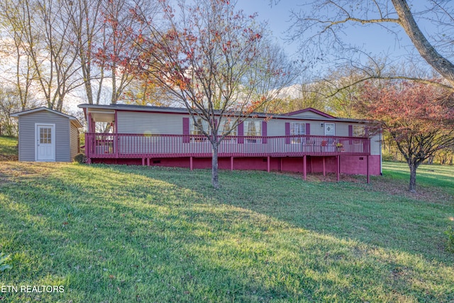 rear view of house with a yard, a deck, and a storage shed