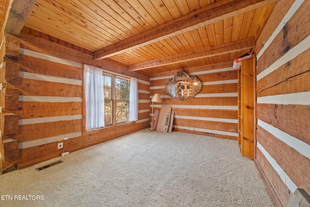 interior space featuring carpet flooring, beam ceiling, wooden walls, and wood ceiling