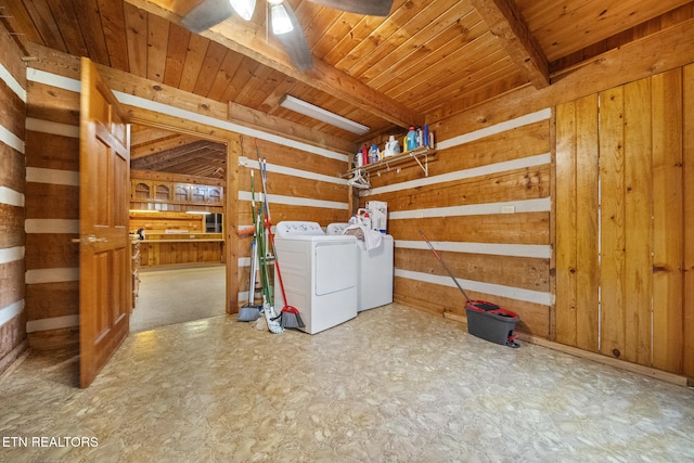 laundry area with washer and dryer, wood ceiling, and wood walls