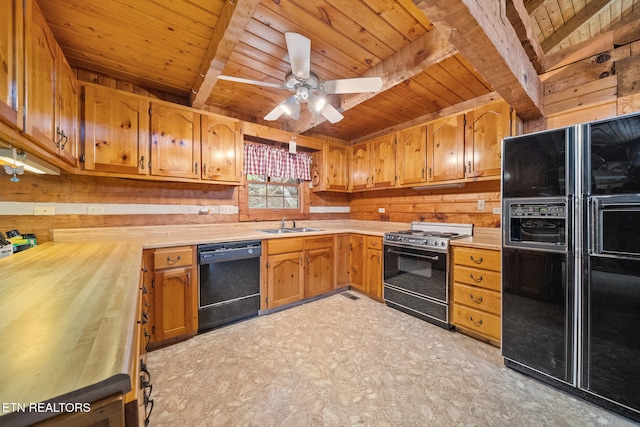 kitchen featuring ceiling fan, wooden walls, sink, black appliances, and wooden ceiling