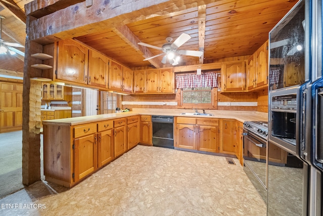 kitchen with wooden ceiling, black appliances, sink, ceiling fan, and kitchen peninsula