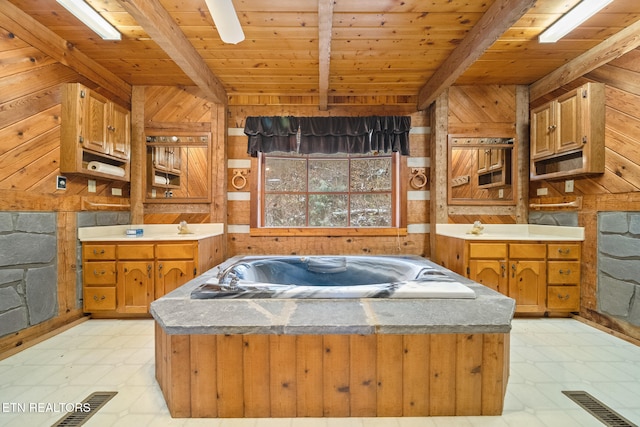 bathroom featuring beam ceiling, wooden ceiling, a tub to relax in, wood walls, and vanity