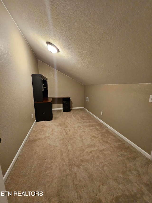 additional living space with lofted ceiling, carpet floors, and a textured ceiling