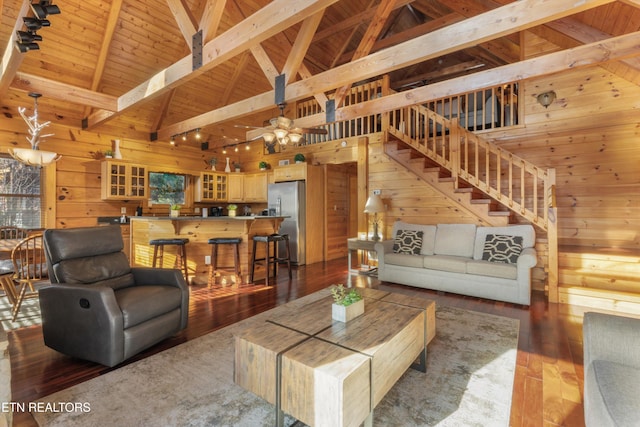 living room featuring hardwood / wood-style flooring, beam ceiling, wood ceiling, and wooden walls