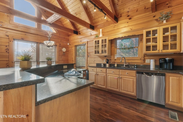 kitchen featuring dishwasher, wood walls, track lighting, sink, and dark hardwood / wood-style flooring